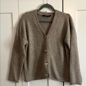 Tan Knit Cardigan Sweater with Ribbed Trim